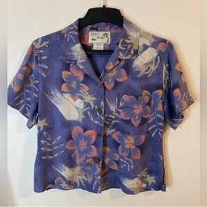 Reef Women's 100% Silk Tropical Floral Button Down crop Shirt - Blue and Orange
